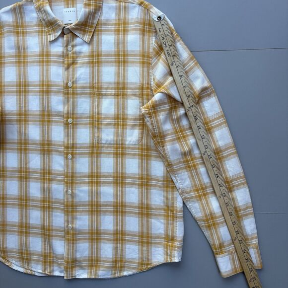 Sandro Paris Men XL Tartan Check Plaid Button Up Shirt Linen Cotton Yellow White - Picture 7 of 10